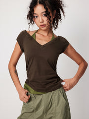 Halter Neckline Patchy Short Sleeve Top