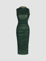 Mesh Ruched High Neck Midi Dress