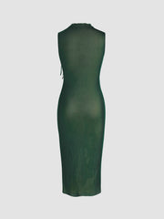 Mesh Ruched High Neck Midi Dress