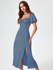 Satin Knotted Puff Sleeve Split Midi Dress