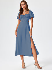 Satin Knotted Puff Sleeve Split Midi Dress