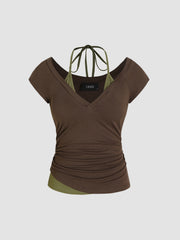 Halter Neckline Patchy Short Sleeve Top