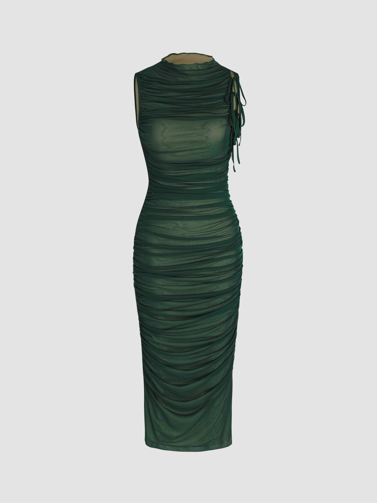 Mesh Ruched High Neck Midi Dress