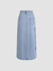 Denim Solid Pocket Maxi Skirt