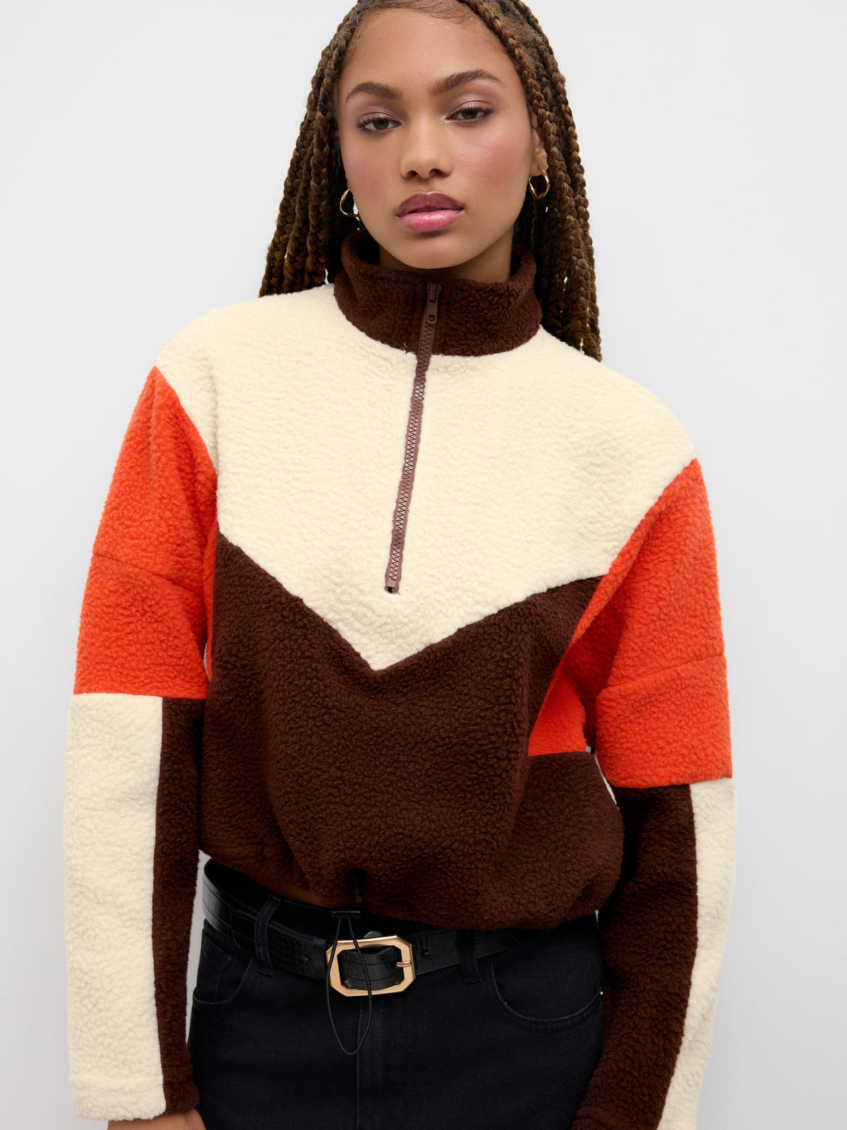 Fleece Patchy Stand Collar Drawstring Sweatshirt