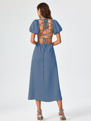 Satin Knotted Puff Sleeve Split Midi Dress
