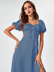 Satin Knotted Puff Sleeve Split Midi Dress